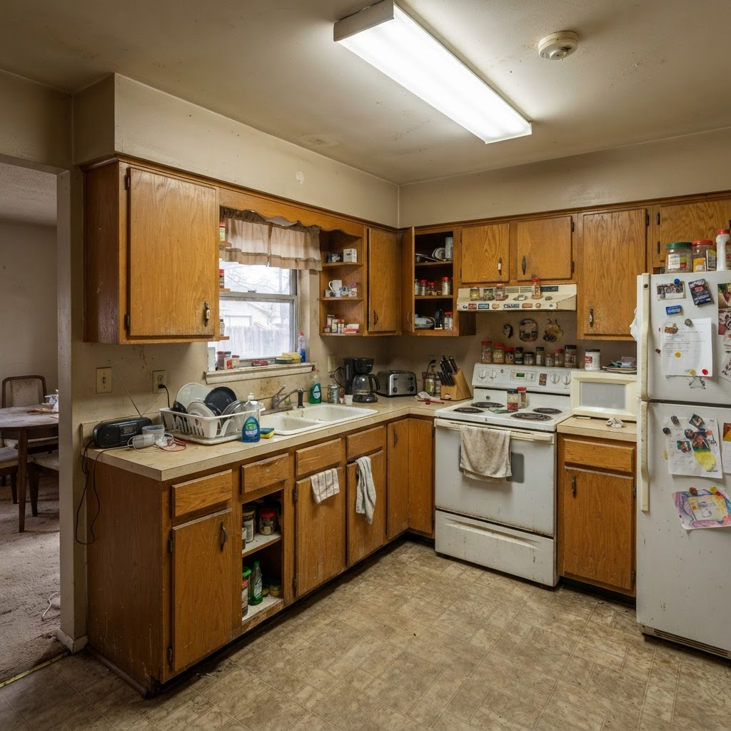 Before — outdated kitchen prior to remodel in Austin, Texas