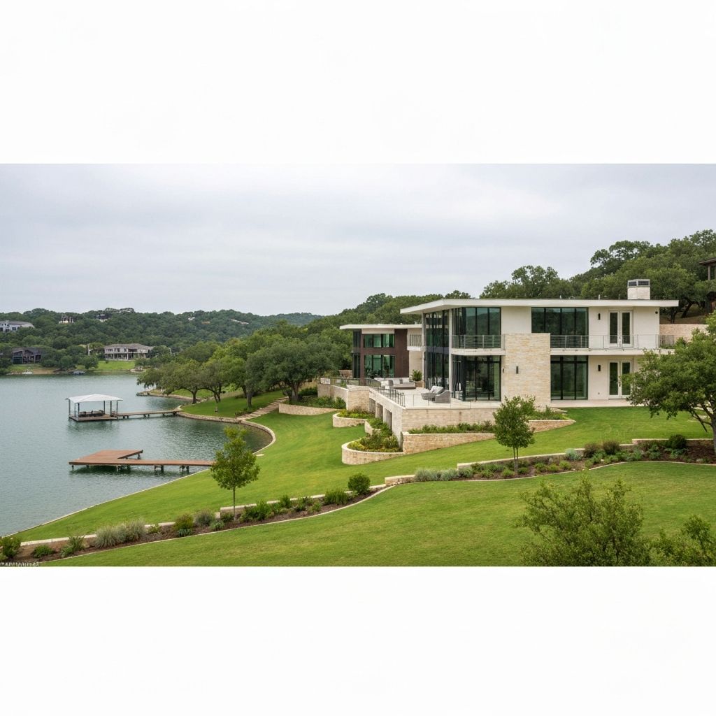 Luxury lakeside home in Rollingwood featuring premium architecture and hill country views